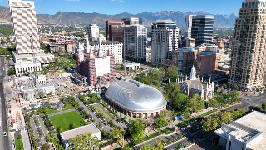 Aerial Temple Square Salt Lake City Utah Modern Skyline Orbit. 3D Illustration