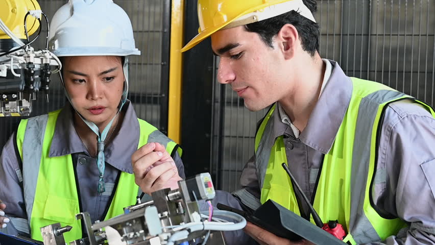 Industrial robot engineers workers teamwork safety helmet high visibility vest maintenance assembly electronics wiring industrial engineers factory workers hard hat safety vest teamwork inspection - Powered by Shutterstock - Get 15% off with code: PIKWIZARD15
