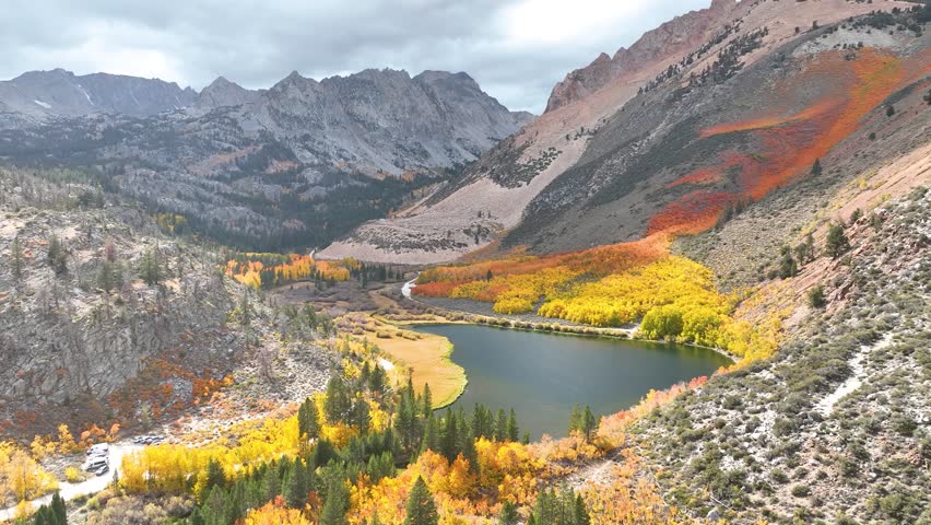 Aerial North Lake Bishop California Autumn Mountains and Forest Fly Through. 3D Illustration