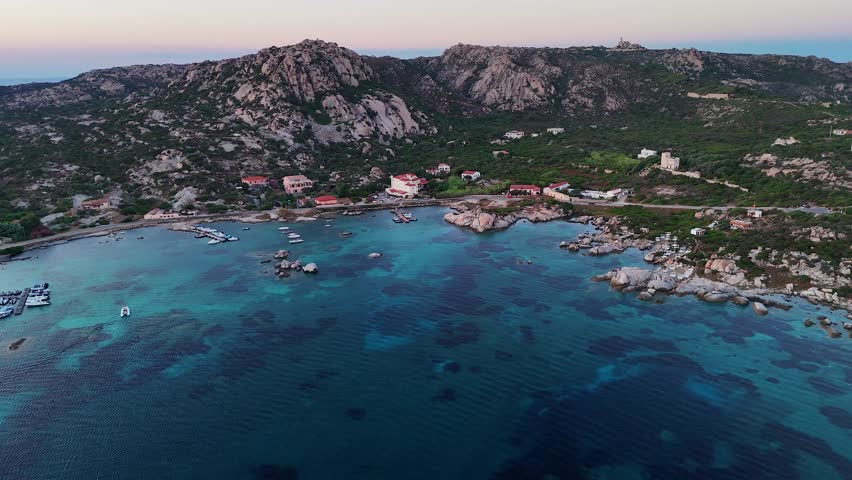 Aerial view of Maddalena Island coastline in Sardinia at sunrise