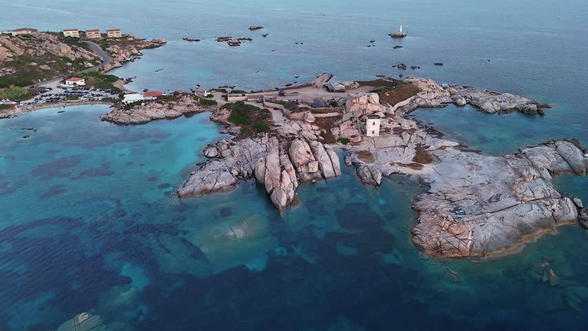 Aerial view of Isola Maddalena in Sardinia, serene ocean and rugged coast