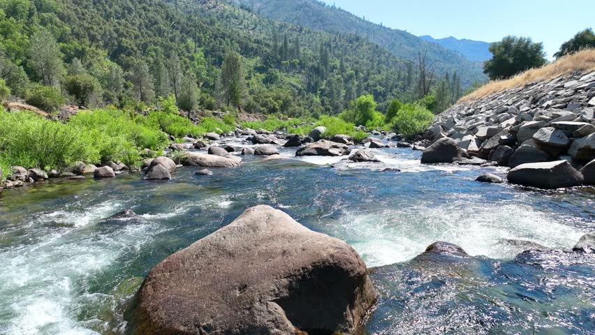 Fly Through River Rapids and Rocky Stream in Lush Mountain Forest Establishing Shot. 3D Illustration