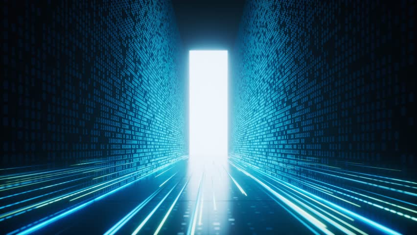 Glowing binary data tunnel background, 3d rendering 4k