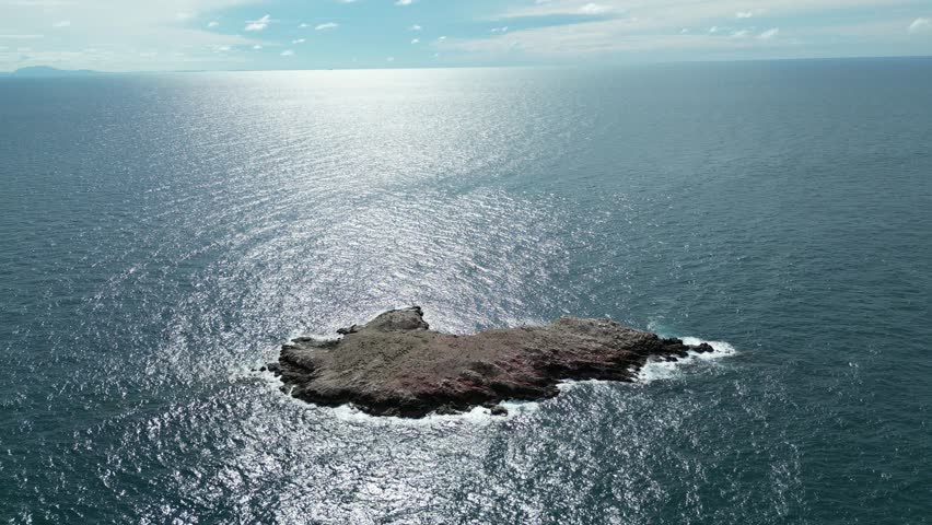 A lonely, flat island floating in the middle of the sea, a bird island, a bird