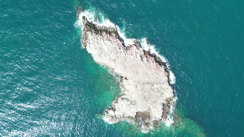 A lonely, flat island floating in the middle of the sea, a bird island, a bird