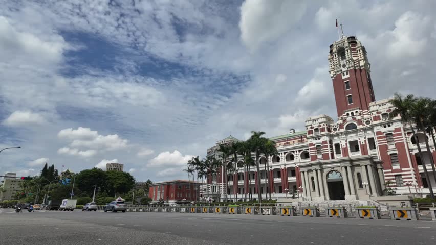 The Presidential Office Building is the office of the President of Taiwan.
The time lapse shot of the Presidential Office Building shows white clouds flowing rapidly.