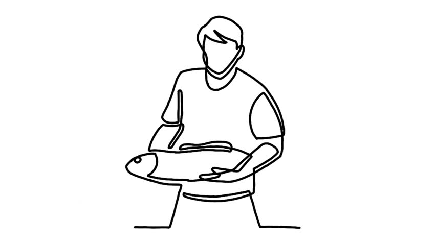 Continue line animation of fisherman showing big fish