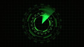 Animated green radar display shows moving scan beam and compass creating sleek futuristic technology effect. Green Digital Radar Screen with Compass and Scanning Beam on Grid Background . - Powered by Shutterstock - Get 15% off with code: PIKWIZARD15
