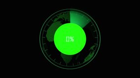 Digital green radar scope with world map grid and bright 100% loading signal technology scan. Futuristic Green Radar Screen with Earth Map and 100% Loading Indicator technology. - Powered by Shutterstock - Get 15% off with code: PIKWIZARD15