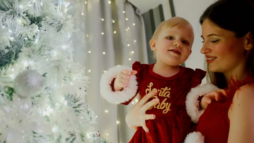 caucasian mother and toddler hanging ornament near sparkling white tree; gentle guidance and shared smiles, festive red outfits, twinkling lights, joyful holiday mood