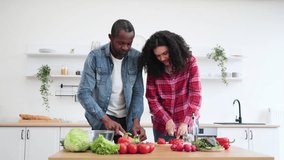 A diverse couple prepares a healthy meal together in a bright, modern kitchen, chopping fresh vegetables. - Powered by Shutterstock - Get 15% off with code: PIKWIZARD15