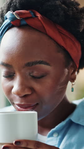 Black woman, coffee and happy with aroma in home, thinking and reflection with nostalgia in morning. African person, smile and perspective with smell, beverage or tea for inspiration at apartment