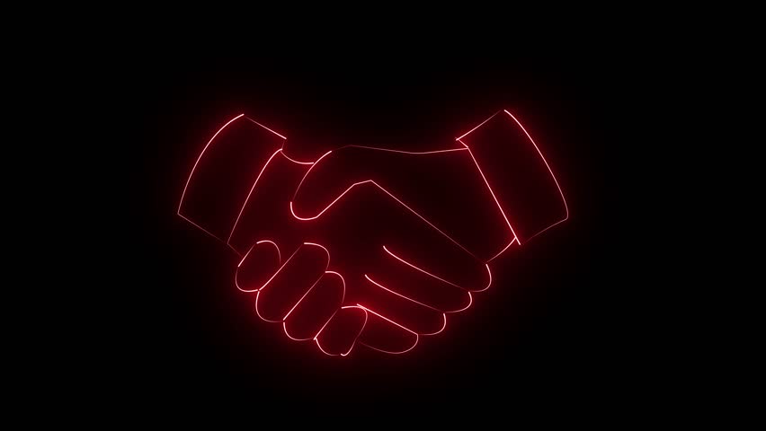 glowing neon handshake icon animation on a blak background.