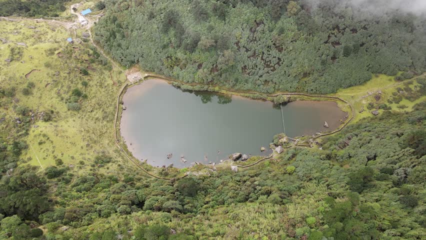 The aerial view shows the fog over Salpa Pokhari(Pond) in Bhojpur, Nepal.