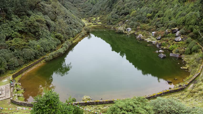 The aerial view shows the fog over Salpa Pokhari(Pond) in Bhojpur, Nepal.