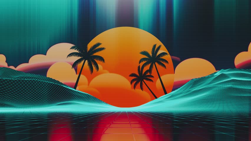 Retro 80s Outrun background loop featuring an intense glowing sun, palm tree silhouettes, and a futuristic wireframe grid terrain. Ideal for music, VJ, and gaming visuals.