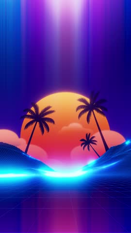 Retro 80s Outrun background loop featuring an intense glowing sun, palm tree silhouettes, and a futuristic wireframe grid terrain. Perfect for social media stories and vertical mobile video platforms.