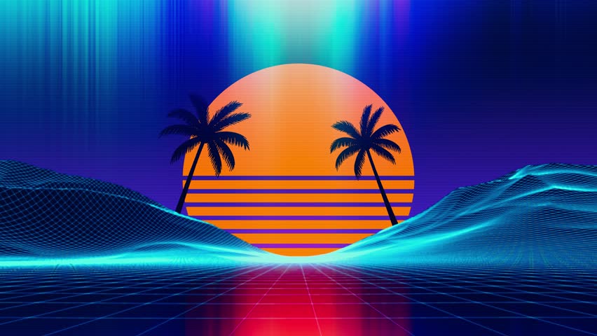 Retro 80s Outrun background loop featuring an intense glowing sun, palm tree silhouettes, and a futuristic wireframe grid terrain. Ideal for music, VJ, and gaming visuals.