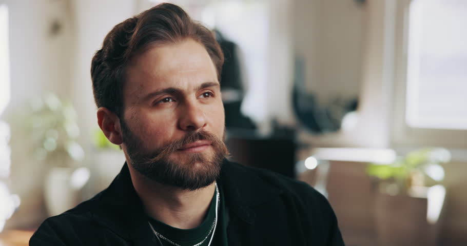 Thinking, man and barber at startup salon with vision, service pricing and ideas for grooming. Thoughts, male person and reflection for appointment, planning styling and decision for hair maintenance