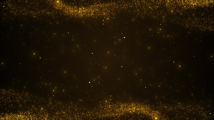Golden fire sparks black background. Award money glitter particle frame shining golden floor particle stars dust. Futuristic glittering fly movement flickering. Award money glitter particle frame