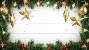 A festive Christmas background featuring green pine branches, golden ornaments, glowing string lights, and red berries arranged around a white wooden backdrop. Elegant holiday decoration with a warm a - Powered by Shutterstock - Get 15% off with code: PIKWIZARD15