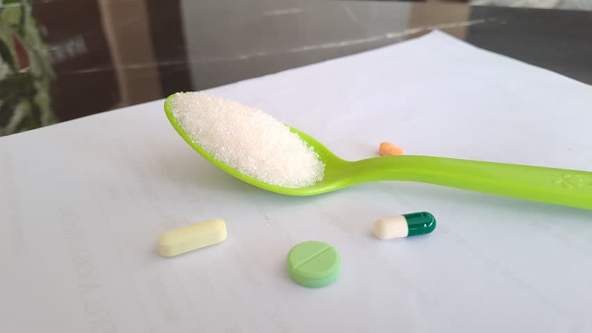 A spoon full of white sugar surrounded by various colorful pills, illustrating overdose danger, unhealthy habits, medication misuse, and health awareness in a minimalist setting.