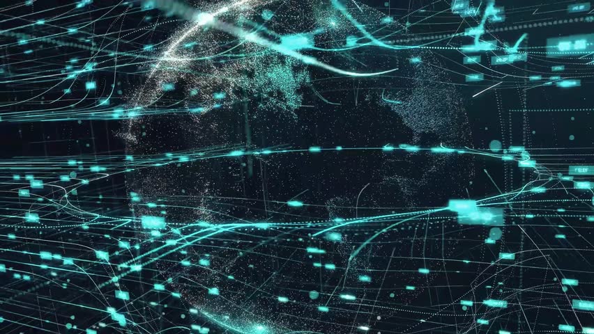 Global Digital Network Connection and Data Flow on Rotating Earth. Futuristic Big Data, Communication, Technology, and Internet World Map Background. - Powered by Shutterstock - Get 15% off with code: PIKWIZARD15