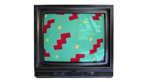 Vintage CRT television displaying a bright, repeating geometric patterns, evoking 80s and 90s vaporwave aesthetic. - Powered by Shutterstock - Get 15% off with code: PIKWIZARD15
