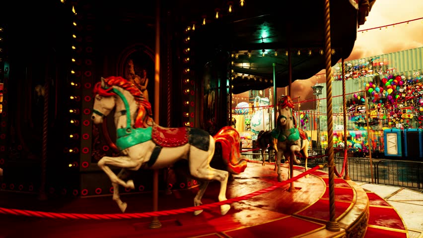 A photorealistic 3D CGI dark and cinematic background scene of a deserted amusement park. Features a prominent abandoned Ferris wheel, other small rides, and ruins under a dramatic orange sky. Ideal f