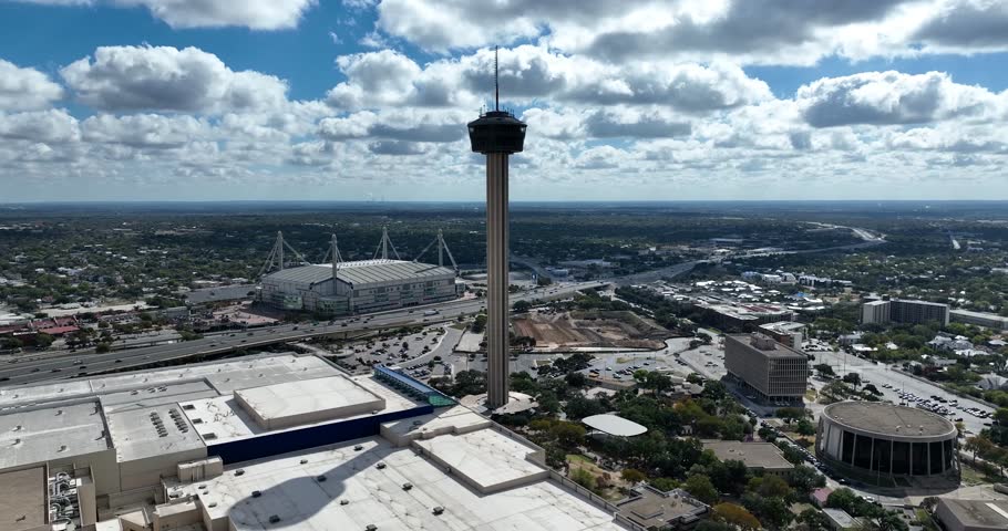 Drone view of San Antonio Tower of the Americas on a cloudy day