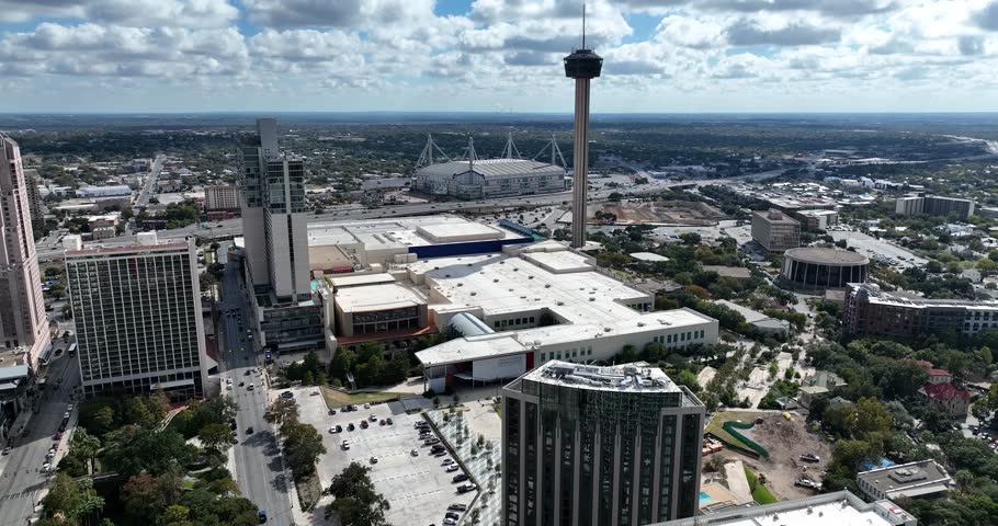 Aerial view of busy San Antonio, Texas on a cloudy day
