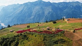 A cinematic aerial drone shot of Suoi Thau Plateau in Ha Giang, Vietnam, showcasing sweeping mountain ranges, terraced fields, and wide open grasslands under clear skies.  - Powered by Shutterstock - Get 15% off with code: PIKWIZARD15