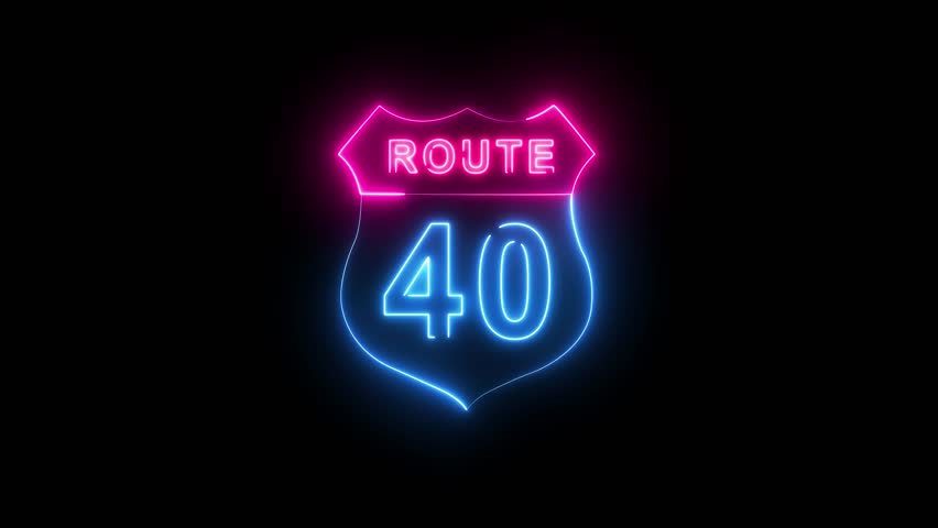 Glowing neon Route 40 text icon ,Route 40 shape symbol burning Loop. who will be used for road glowing against a black background ROUTE 40 .4k video motion graphic animation.