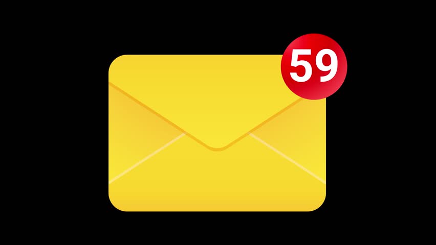 Envelope notification count grows from one to ninety nine, symbolizing many unread messages. 4K animation on black background.