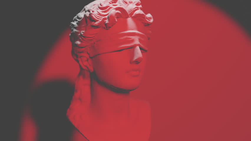 Lady Justice blinded bust. Original printed 3D model. Fair woman allegory symbole of law and justice. Red colors.	
