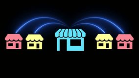 Glowing neon Business sale growth and expand shop franchise concept on black background. Store connection link with others shop and supermarket. Motion graphics of shop expand idea. 4k video - Powered by Shutterstock - Get 15% off with code: PIKWIZARD15