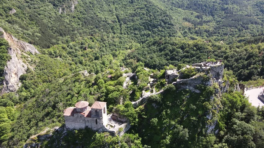 Aerial Spring view of Church of the Holy Mother of God at ruins of Medieval Asen Fortress, Asenovgrad, Plovdiv Region, Bulgaria