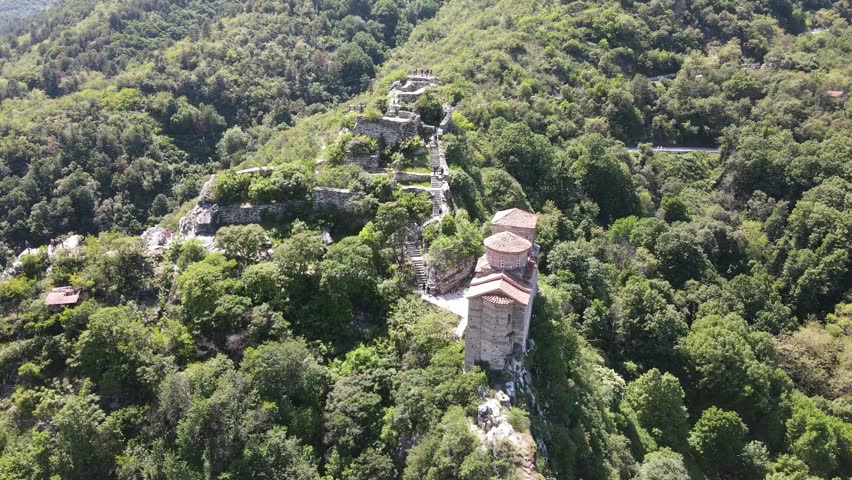 Aerial Spring view of Church of the Holy Mother of God at ruins of Medieval Asen Fortress, Asenovgrad, Plovdiv Region, Bulgaria