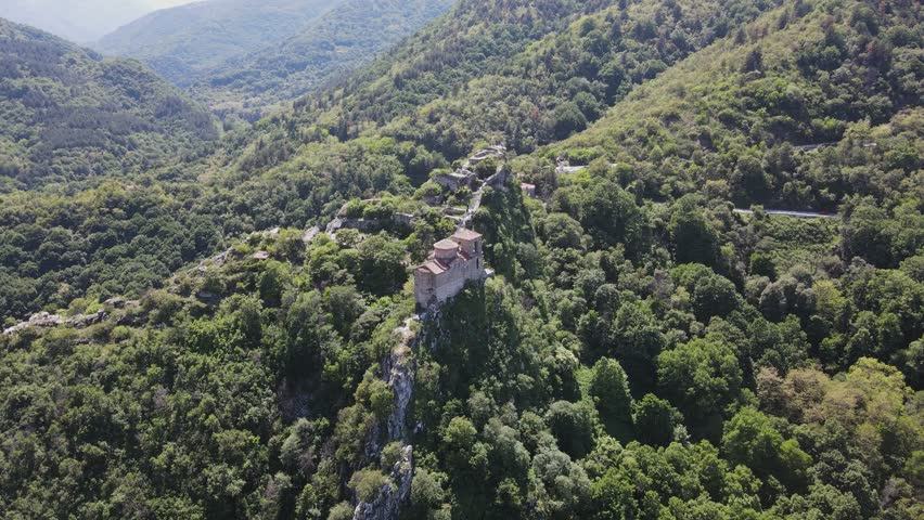 Aerial Spring view of Church of the Holy Mother of God at ruins of Medieval Asen Fortress, Asenovgrad, Plovdiv Region, Bulgaria