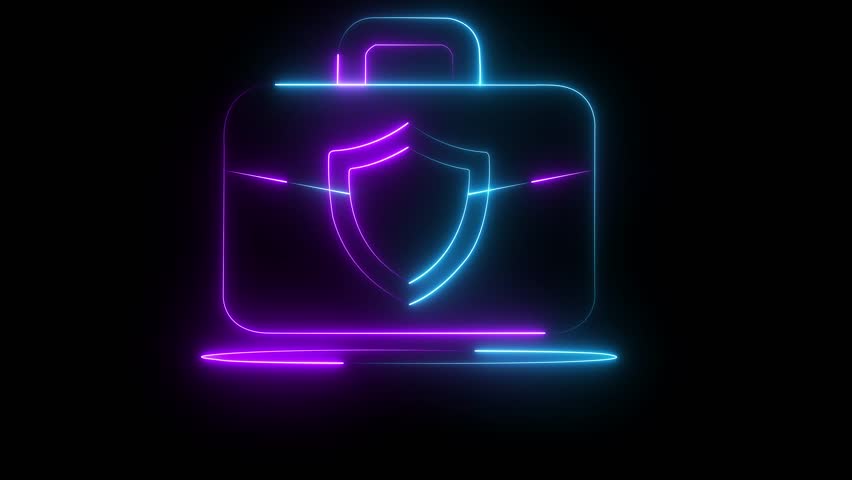 A glowing, white padlock rests inside a cyan pink suitcase, surrounded by a network of digital circuits Secure Suitcase Icon on Gradient Background Data Protection and Security Concept. 4k video
