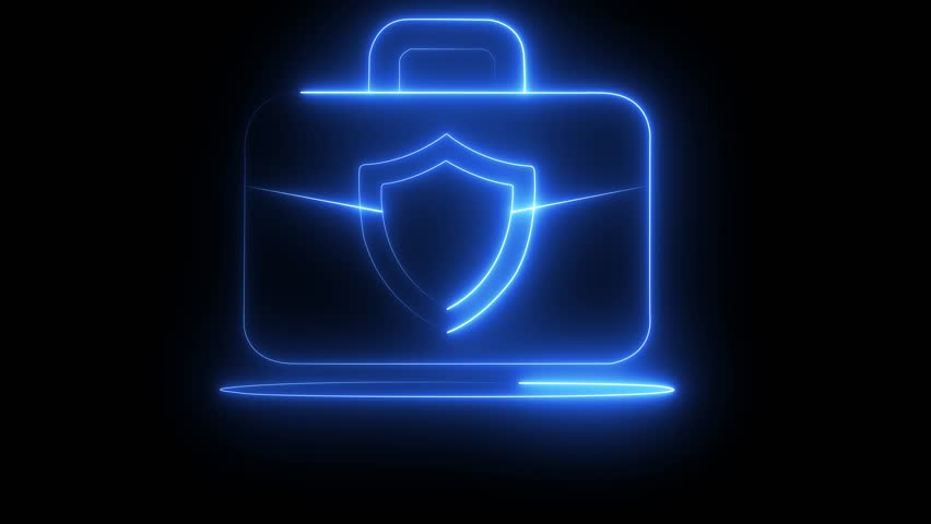 A glowing, white padlock rests inside a cyan suitcase, surrounded by a network of digital circuits Secure Suitcase Icon on Gradient Background Data Protection and Security Concept. 4k video