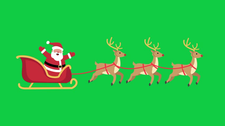 Animated illustration of Santa Claus riding a festive sleigh pulled by reindeer on a green and black background, perfect for Christmas and holiday themes.