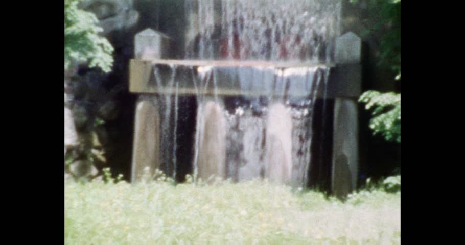 Retro Footage of the Waterfall and Rotunda in Sofievka National Park, Summer Day, Historical Archival Film, People Visiting the Artificial Cascade and Pavilion in Uman Park