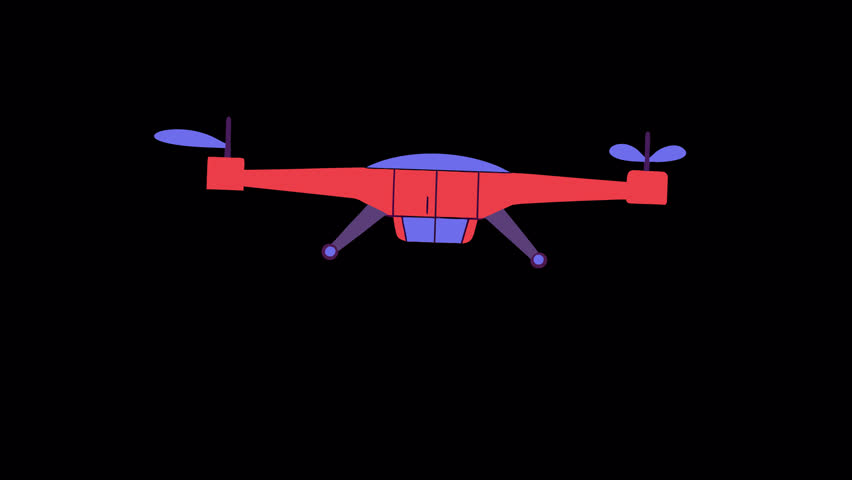 Flying red and blue drone. Drone flight animation in the sky, alpha channel. Cartoon