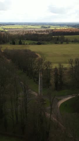 vertical Drone aerial view of The Obelisk Cenotaph at Castle Howard Estate, Malton, North Yorkshire, England