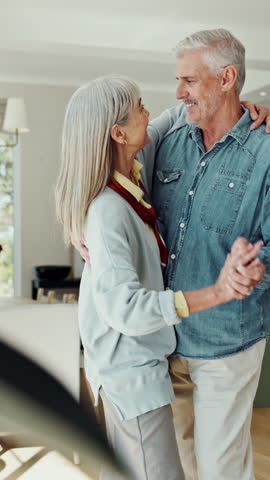 Spin, dancing and senior couple with music for bonding, connection and commitment together. Retirement, home and elderly man and woman for love, relationship and marriage with movement, happy and hug