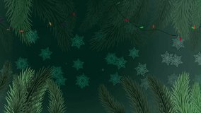 Merry Christmas Greeting with Pine Branches, Snowflakes, and Colorful Holiday Lights on Dark Festive Background - Powered by Shutterstock - Get 15% off with code: PIKWIZARD15