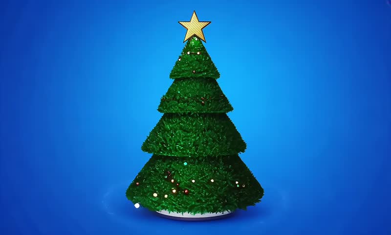 Green 3d render christmas tree rotating with gold star on blue background
