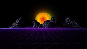 Futuristic 80s Synthwave aesthetic landscape with a glowing orange sunset and purple neon wireframe grid. Seamless loop of a digital retro sci-fi background with geometric mountains and cyberpunk atmo - Powered by Shutterstock - Get 15% off with code: PIKWIZARD15