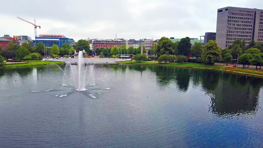 Lille Lungegardsvannet or Smalungeren aerial view, a small lake in the centre of Bergen city in Hordaland county, Norway